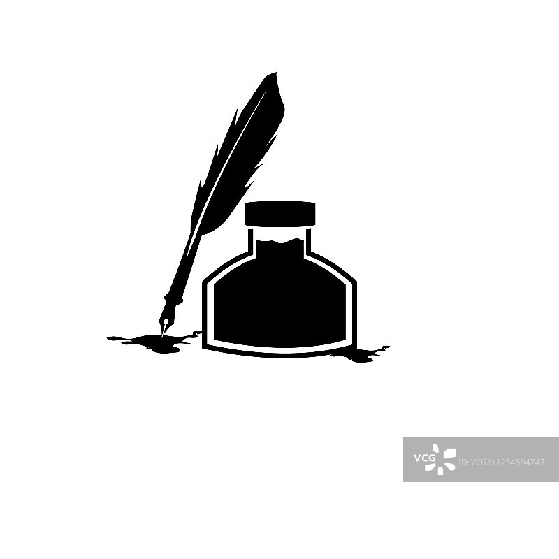 羽毛笔墨水和墨水瓶图标隔离标志图片素材