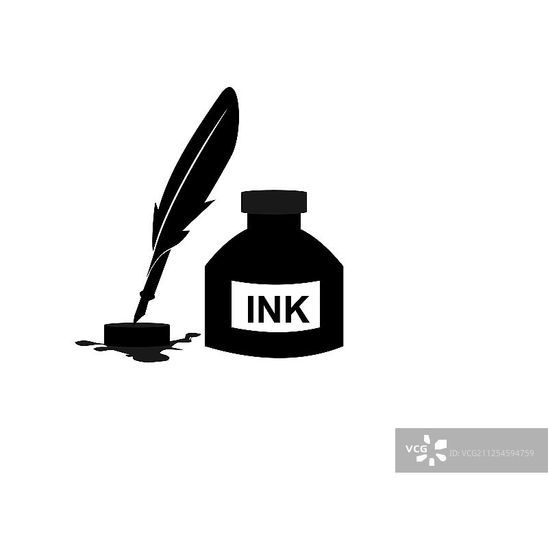 羽毛笔墨水和墨水瓶图标隔离标志图片素材