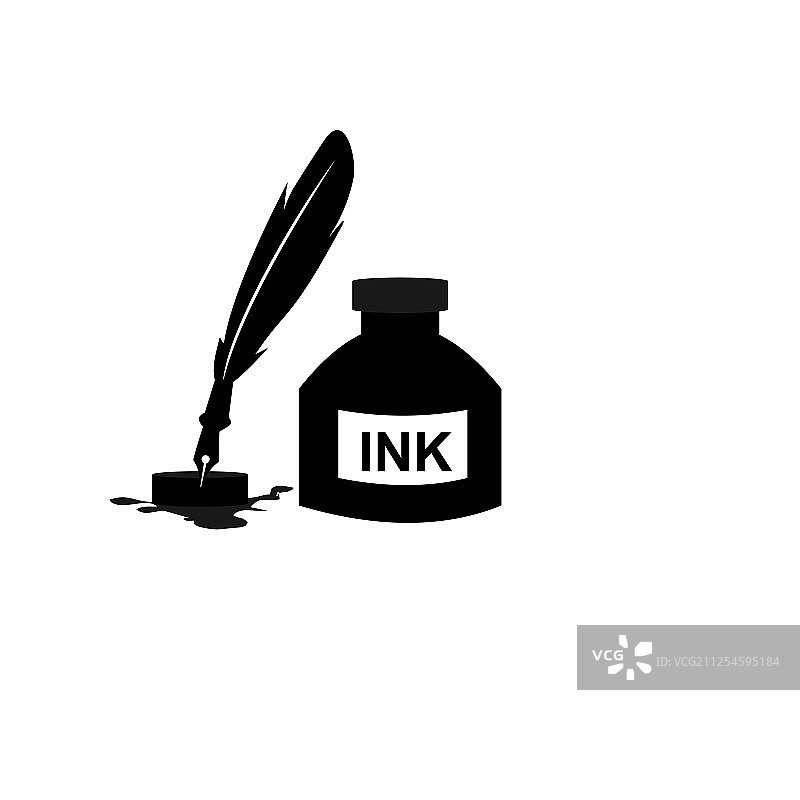 羽毛笔墨水和墨水瓶图标隔离标志图片素材