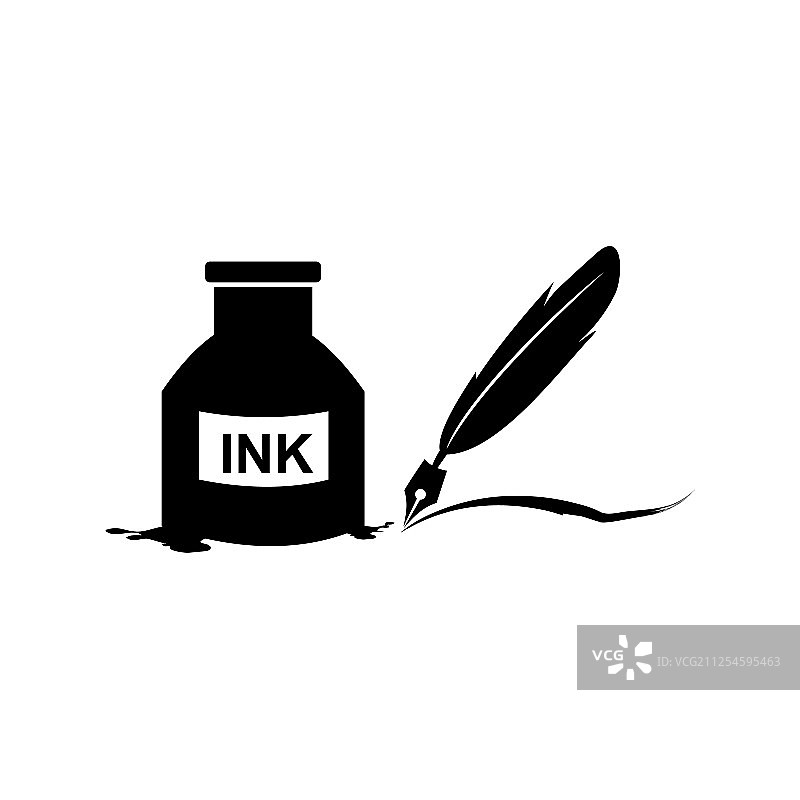 羽毛笔墨水和墨水瓶图标隔离标志图片素材