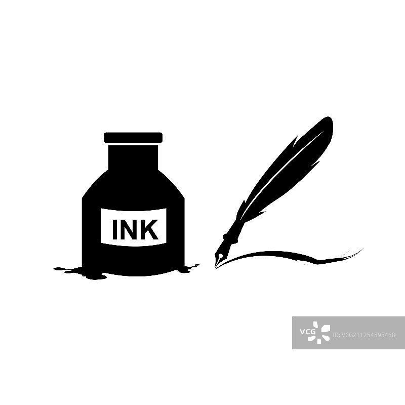 羽毛笔墨水和墨水瓶图标隔离标志图片素材