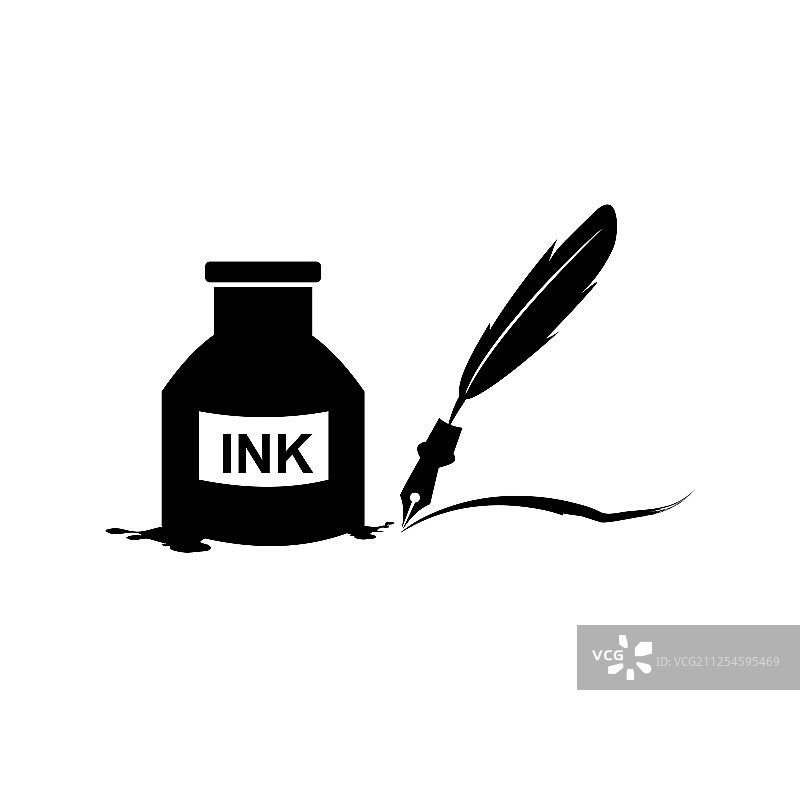 羽毛笔墨水和墨水瓶图标隔离标志图片素材