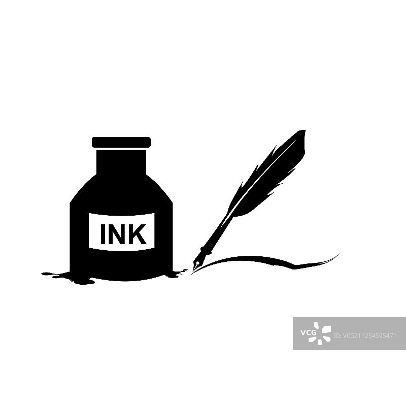 羽毛笔墨水和墨水瓶图标隔离标志图片素材