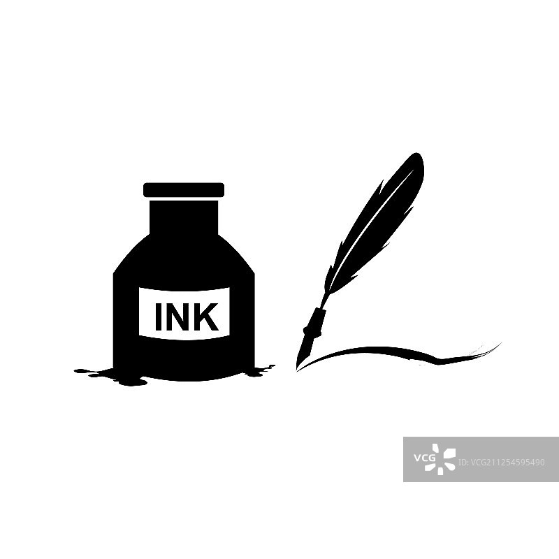 羽毛笔墨水和墨水瓶图标隔离标志图片素材