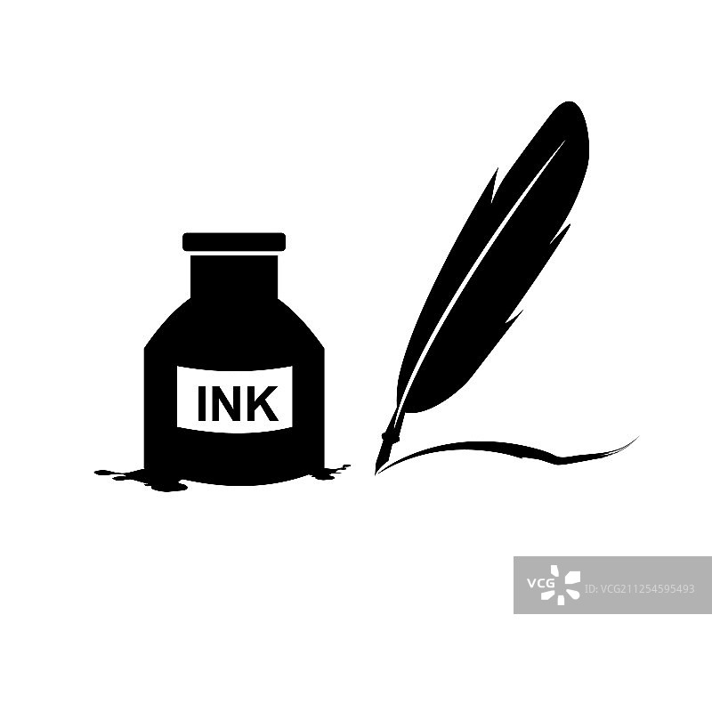 羽毛笔墨水和墨水瓶图标隔离标志图片素材