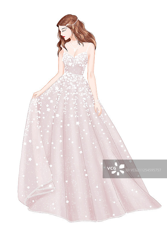手绘一个佩戴珍珠首饰穿着婚纱礼服长裙的长发少女图片素材