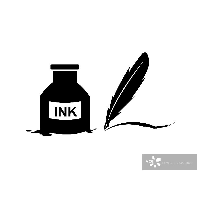 羽毛笔墨水和墨水瓶图标隔离标志图片素材