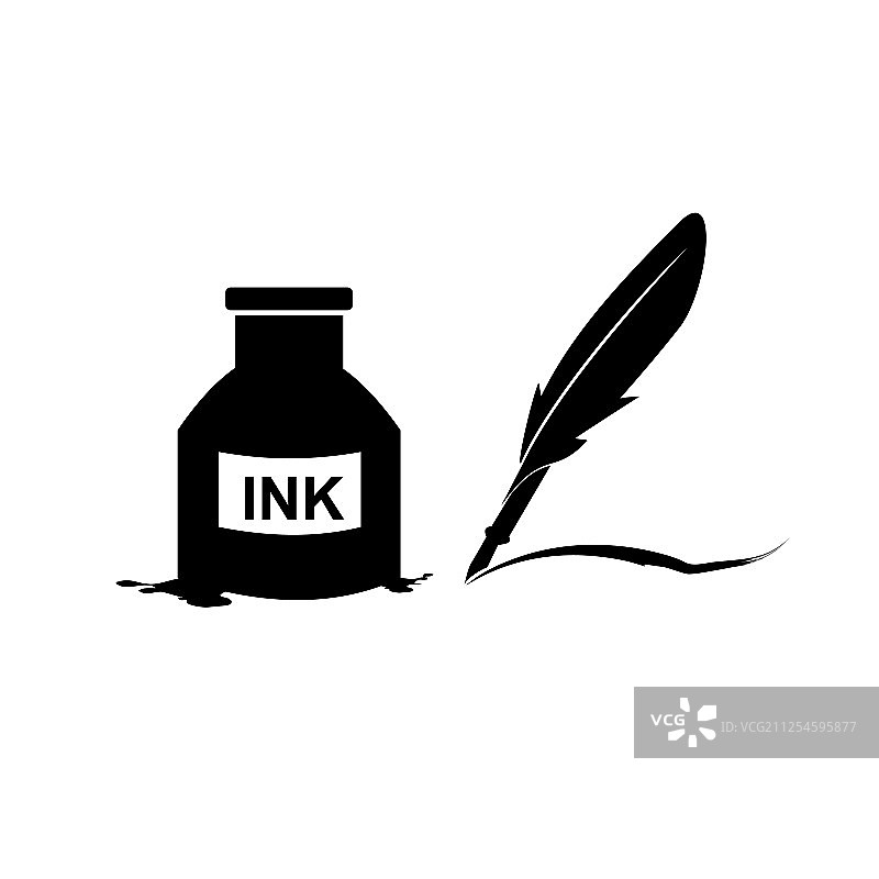 羽毛笔墨水和墨水瓶图标隔离标志图片素材