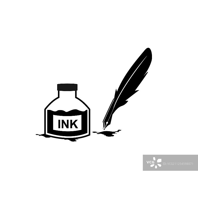 羽毛笔墨水和墨水瓶图标隔离标志图片素材