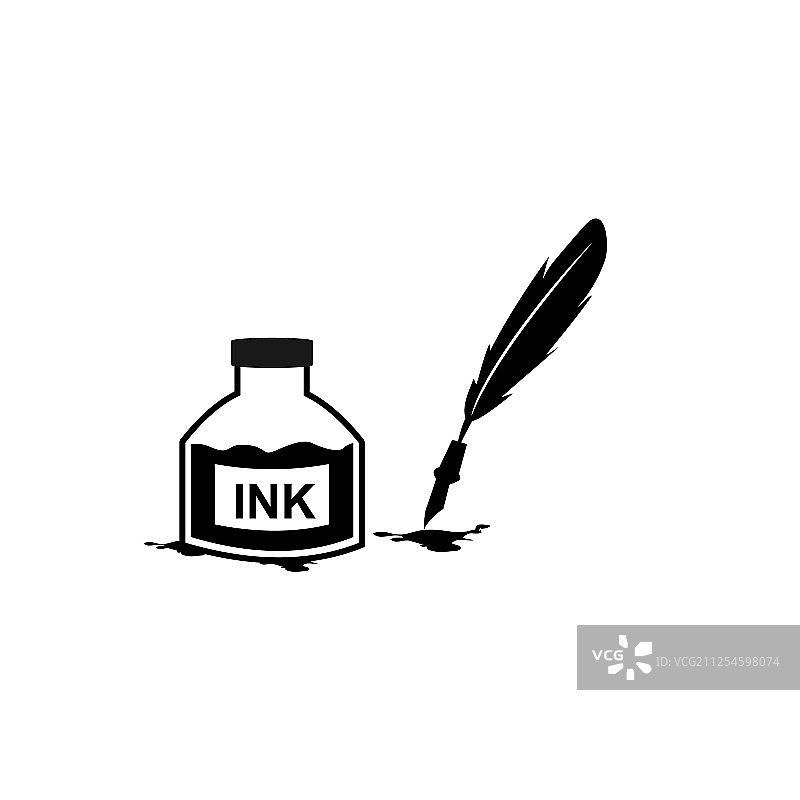 羽毛笔墨水和墨水瓶图标隔离标志图片素材