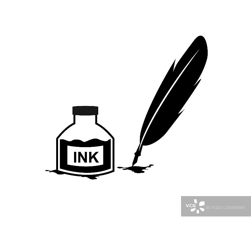 羽毛笔墨水和墨水瓶图标隔离标志图片素材