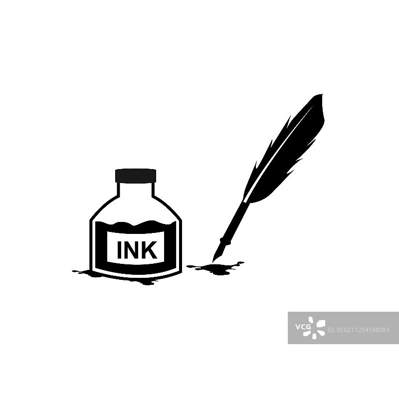 羽毛笔墨水和墨水瓶图标隔离标志图片素材