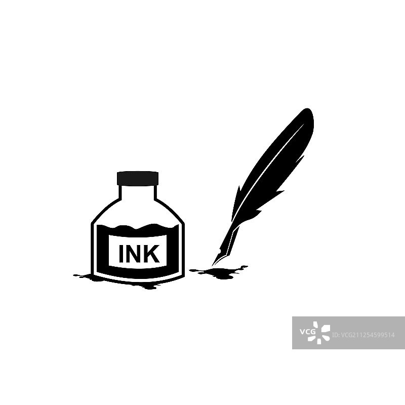 羽毛笔墨水和墨水瓶图标隔离标志图片素材