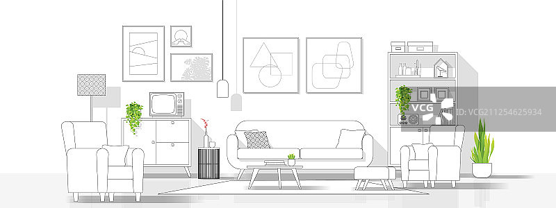 客厅黑白线条素描风格图片素材