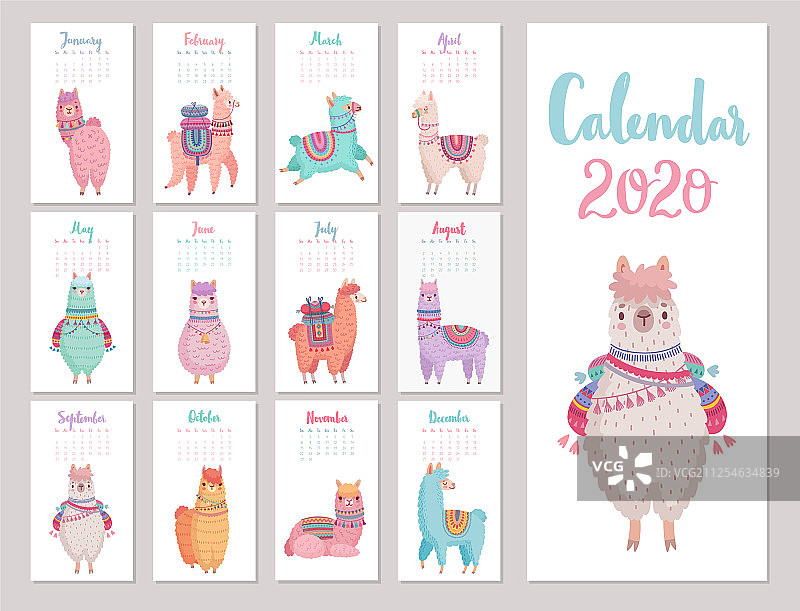 2020年日历与可爱的美洲驼图片素材