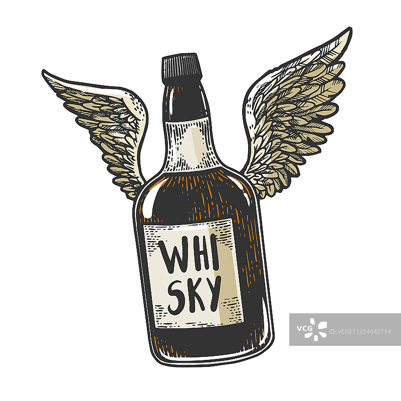 带翅膀的威士忌酒瓶速写图片素材