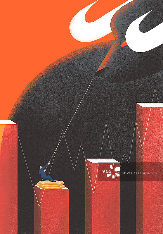 牛市股票股市货币思考货币奋斗理财投资商业插画图片素材