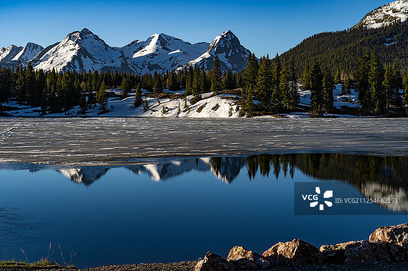 美国科罗拉多州莫拉斯湖的冬季山地风光图片素材