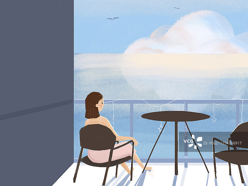 插画海边海景房阳台云朵海鸥温暖治愈插画图片素材