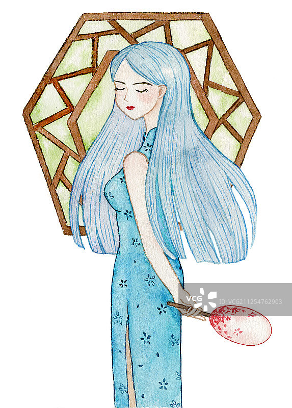 手绘水彩插画一个穿着蓝色旗袍的少女站在中国风窗格前图片素材