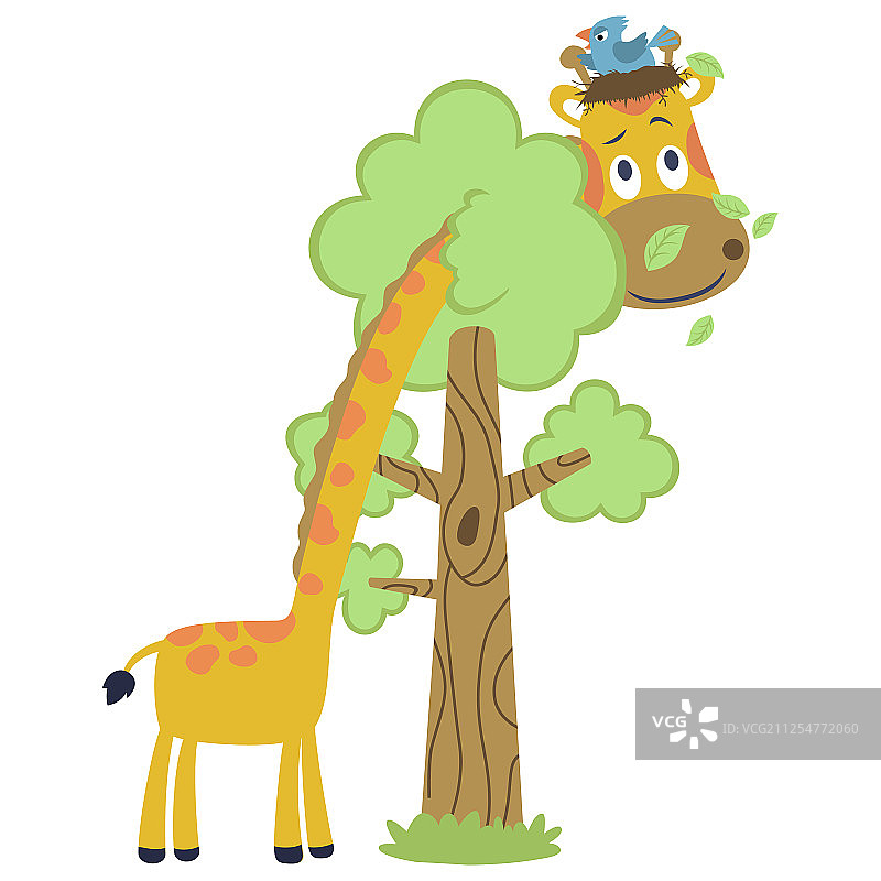 有趣的动物卡通：长颈鹿头上的小鸟图片素材