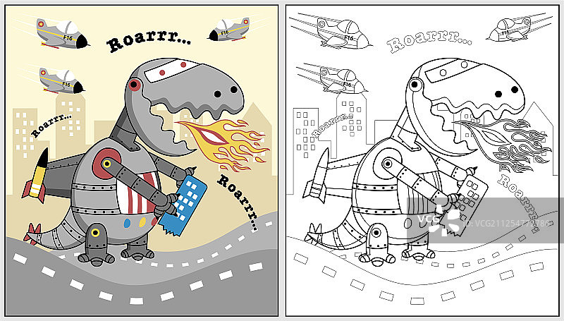 恐龙机器人攻击城市卡通涂色书图片素材