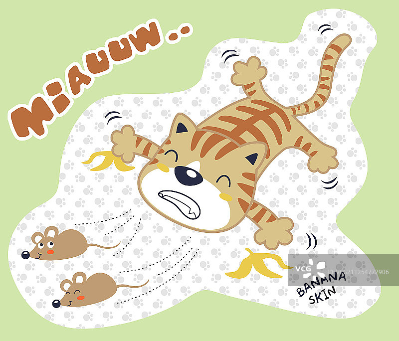猫捉老鼠，猫咪滑倒在香蕉上图片素材