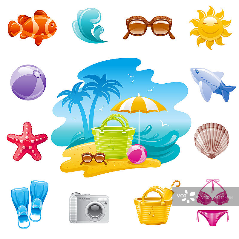 卡通海滩风景海景旅行图标图片素材