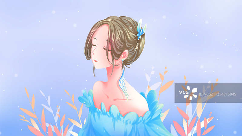 美丽的盘着头发的少女微微侧着身，漂亮女孩插画图片素材