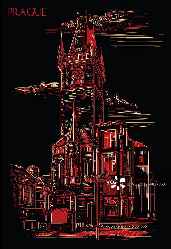 红色手绘布拉格6区图片素材