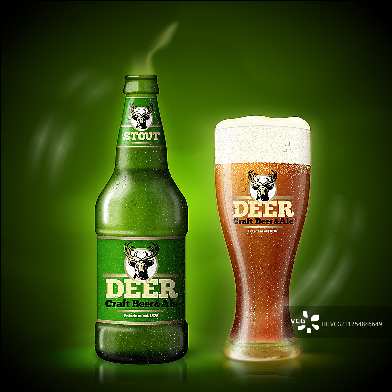 啤酒模板，绿瓶与啤酒杯图片素材