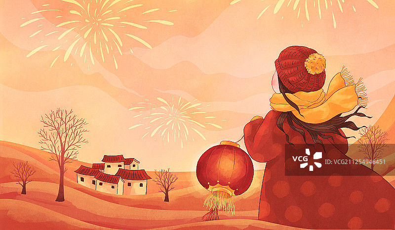 手拿灯笼的女孩新年插画横版浅色图片素材