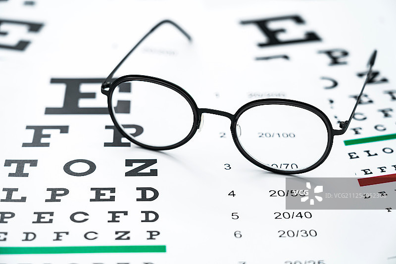 黑色眼镜放在英文视力表图纸上图片素材