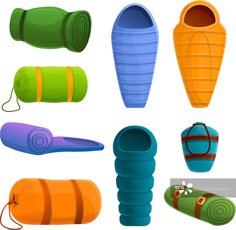 卡通风格的睡袋图标集图片素材