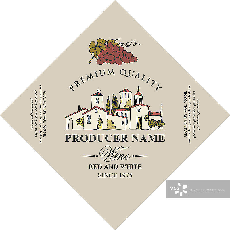 钻石形葡萄酒标签与乡村景观图片素材