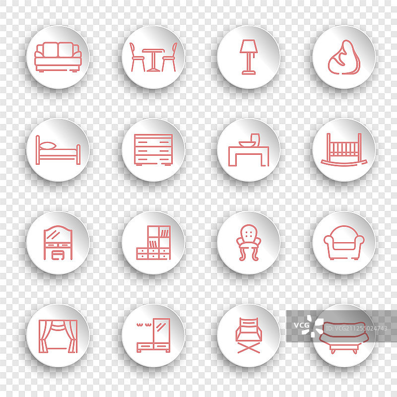 圆形贴纸上的线性家具图标图片素材