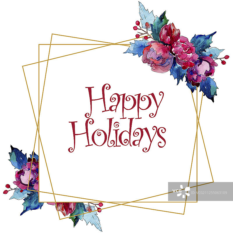 水彩风格的圣诞冬季节日符号，独立元素。水彩圣诞边框装饰方块。图片素材