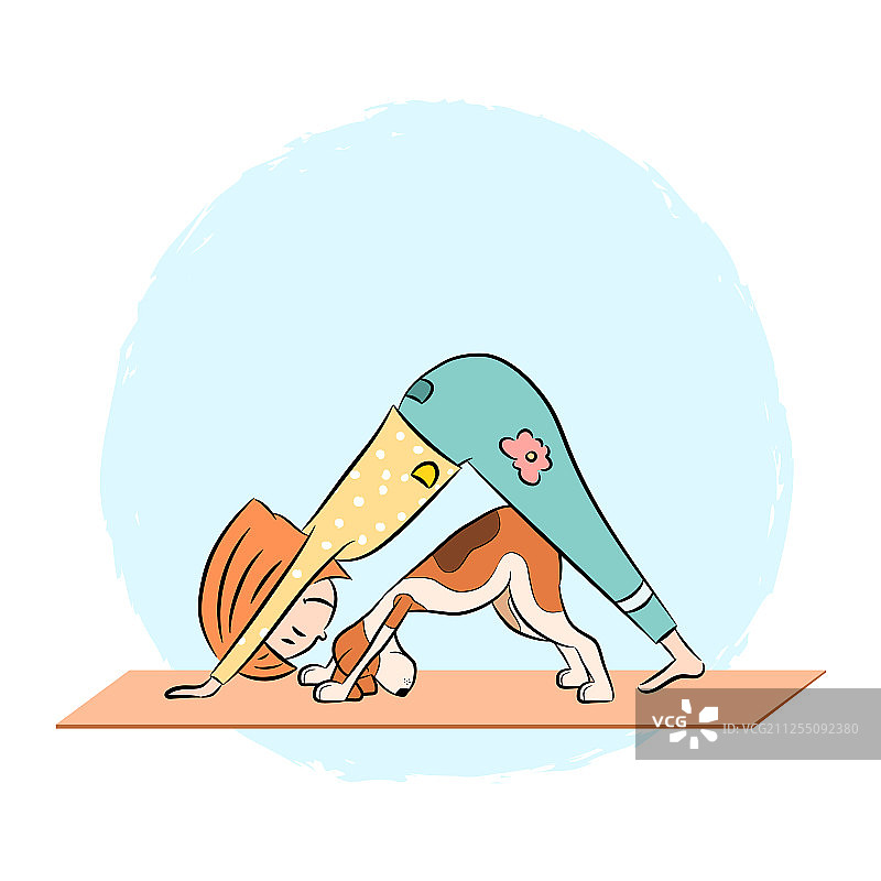 与女孩一起做瑜伽的卡通比格犬图片素材