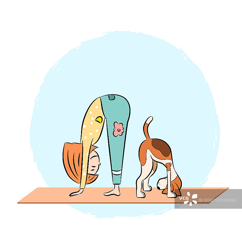 与女孩一起做瑜伽的卡通比格犬图片素材