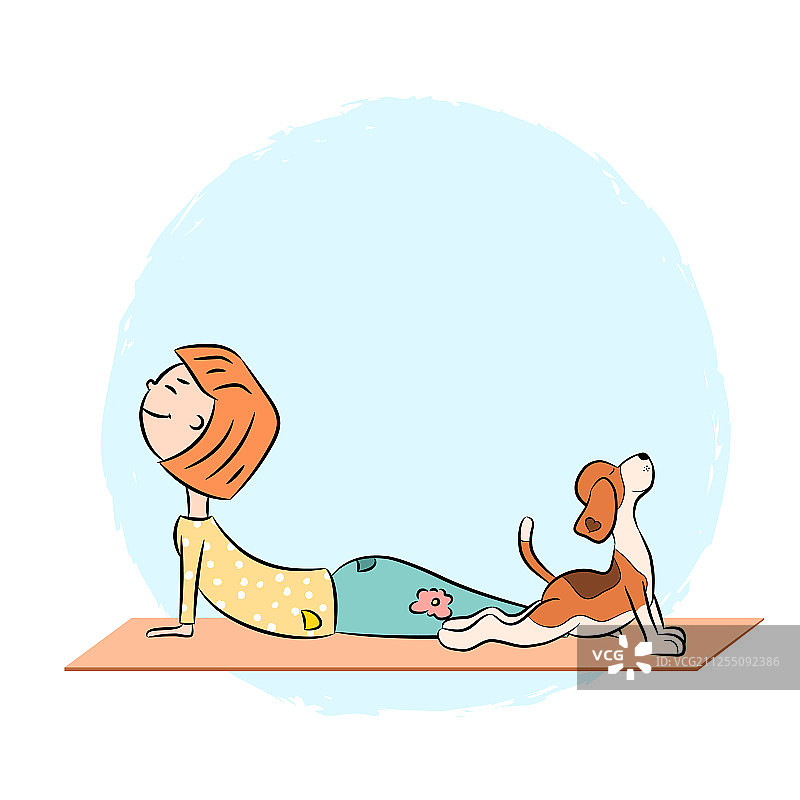 与女孩一起做瑜伽的卡通比格犬图片素材