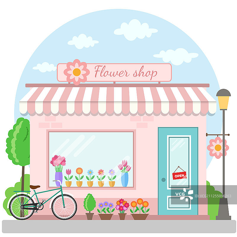 带自行车的花店建筑立面图片素材