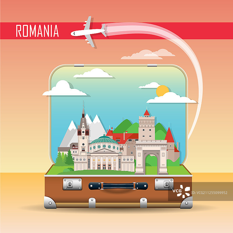 带有罗马尼亚地标的行李箱图片素材