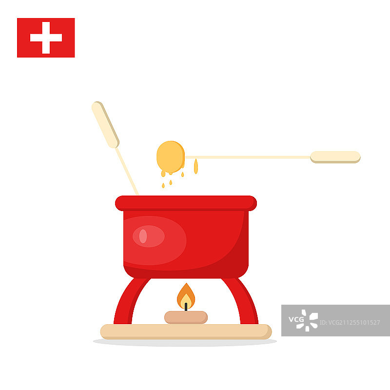 融化的奶酪和叉子的红色火锅罐图片素材