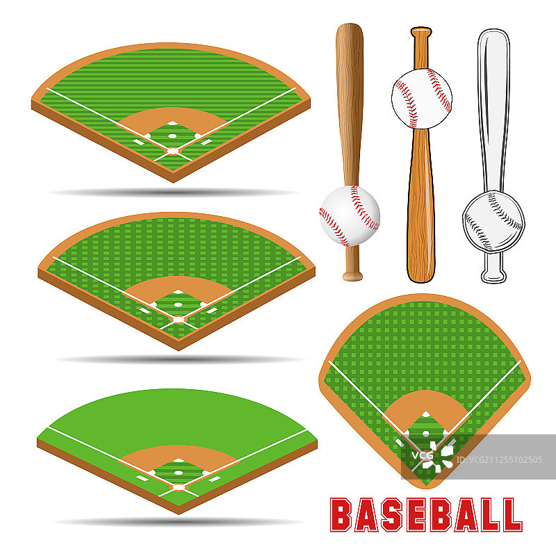 棒球场、皮球和木质球棒图片素材