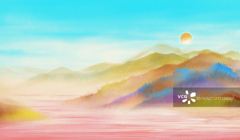 安静的湖面有彩色渐变水彩插画图片素材