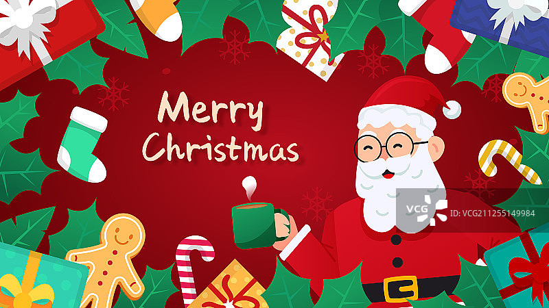 圣诞节平安夜圣诞老人贺卡庆祝扁平背景插画图片素材