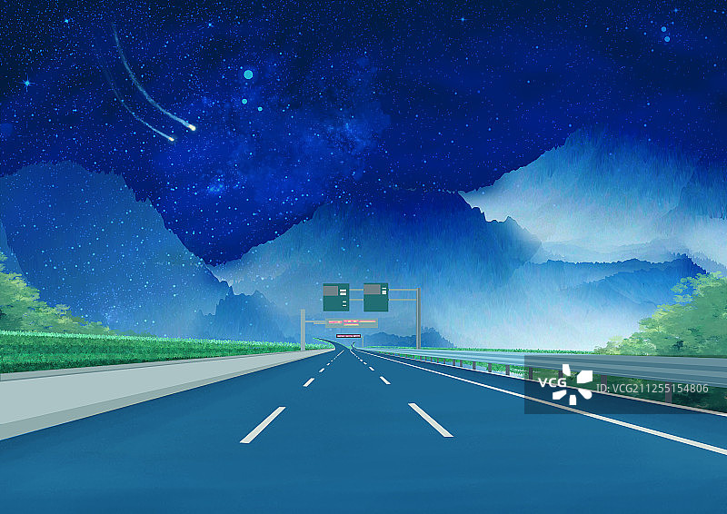 夜晚星空下的一条三车道的高速公路插画背景图片素材