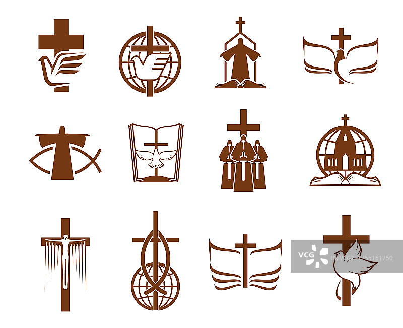 十字架圣经鸽子与牧师宗教图标图片素材