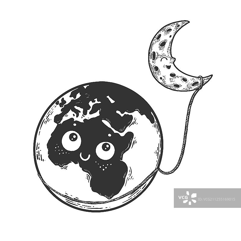 卡通地球和月亮素描雕刻图片素材
