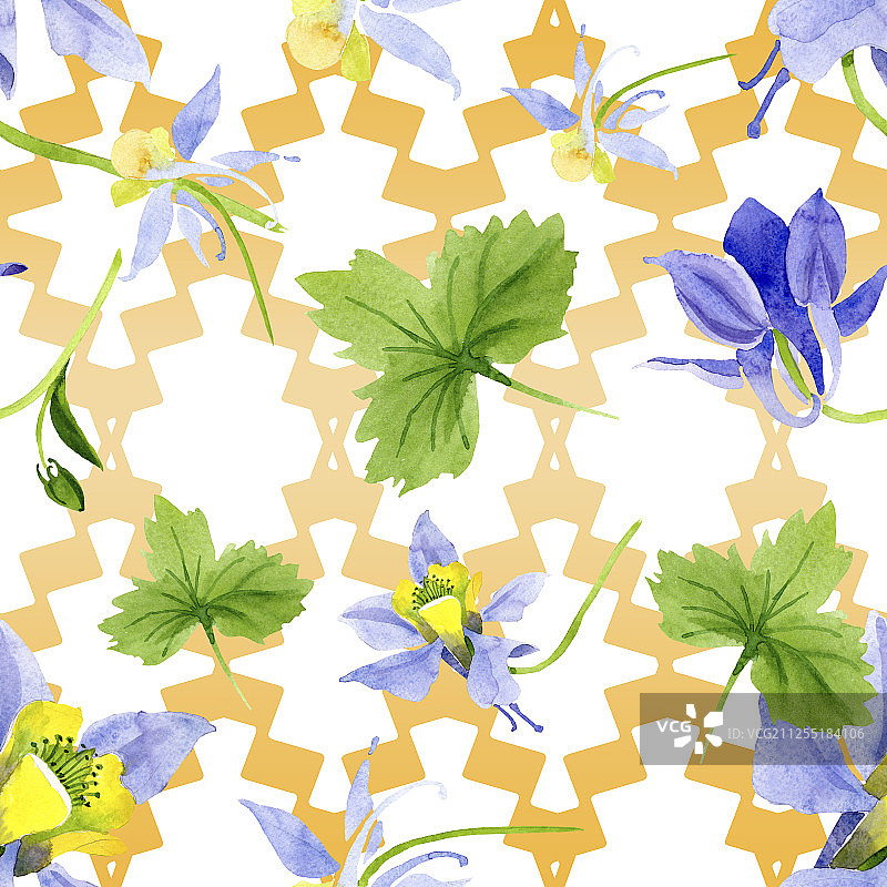 蓝色黄色曼陀罗花卉植物水彩背景插画，无缝背景图案图片素材
